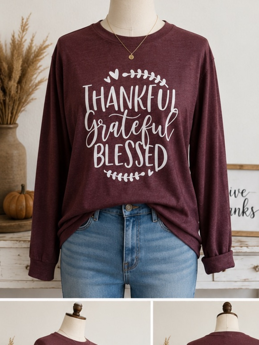 Thankful Grateful Blessed Graphic Tee Large Maroon Long Sleeve Christian Shirt L